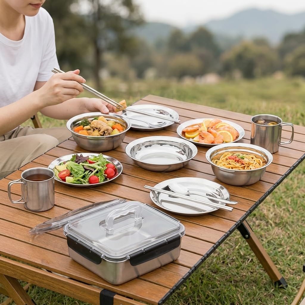 Service Table Camping Inox Réutilisable, Structure Métallique, Ensemble Repas Extérieur, Aventures, Pour