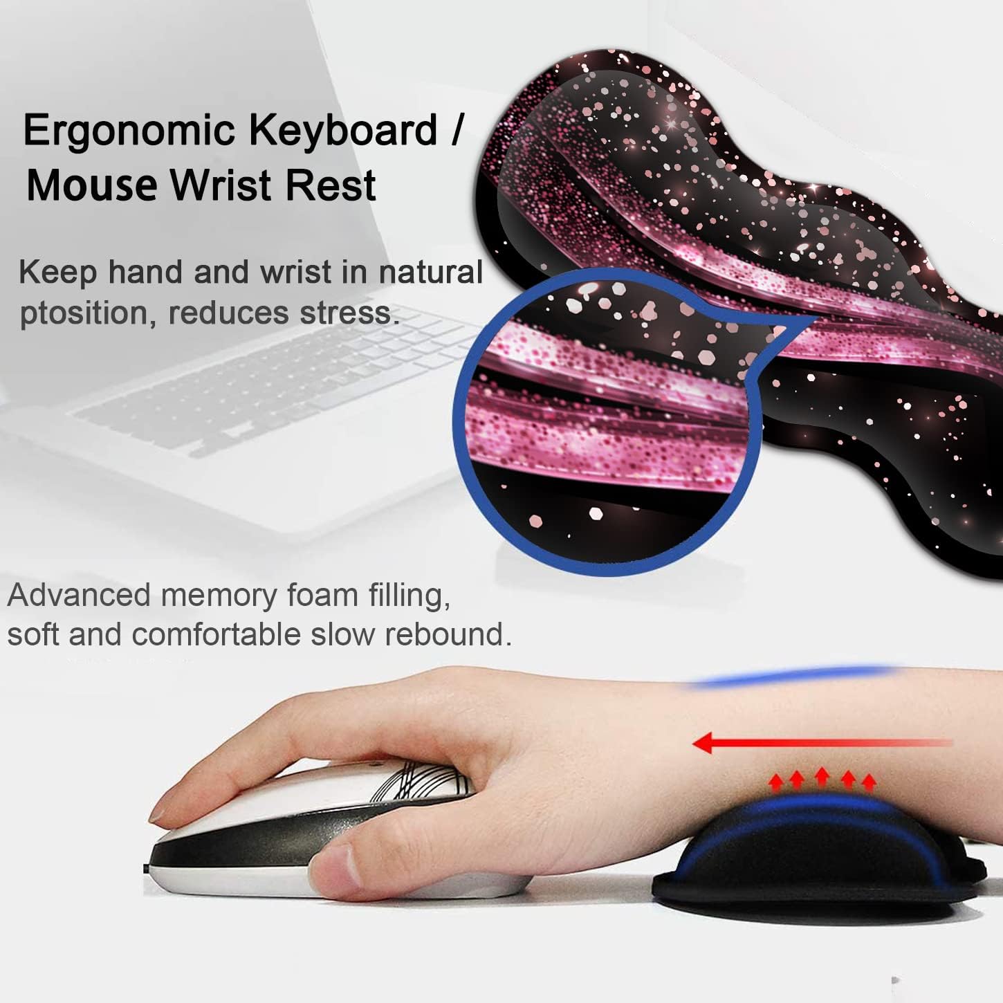 Extended Gaming Mouse Pad 31.5x11.8 Big Desk Mat, Ergonomic Memory Foam Keyboard Wrist Rest Support, for Home Laptop Working Office Desk Pad with Non-Slip Base,Rose Gold Sparkle Large Mouse Pad