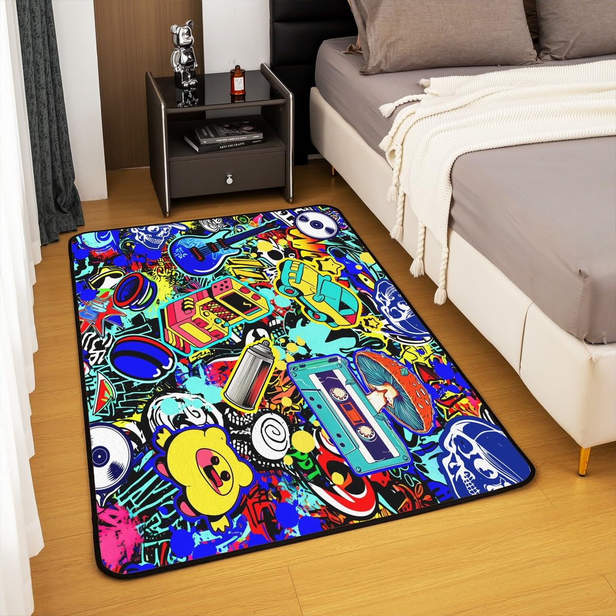 Loussiesd Hippie Graffiti Tappeto Stile 100 x 150 cm per Bambini Ragazzi Grafica Graffiti Moderno Tappeto Hip Hop Musica Tappeto Soggiorno Street Culture Outdoor Tappeto