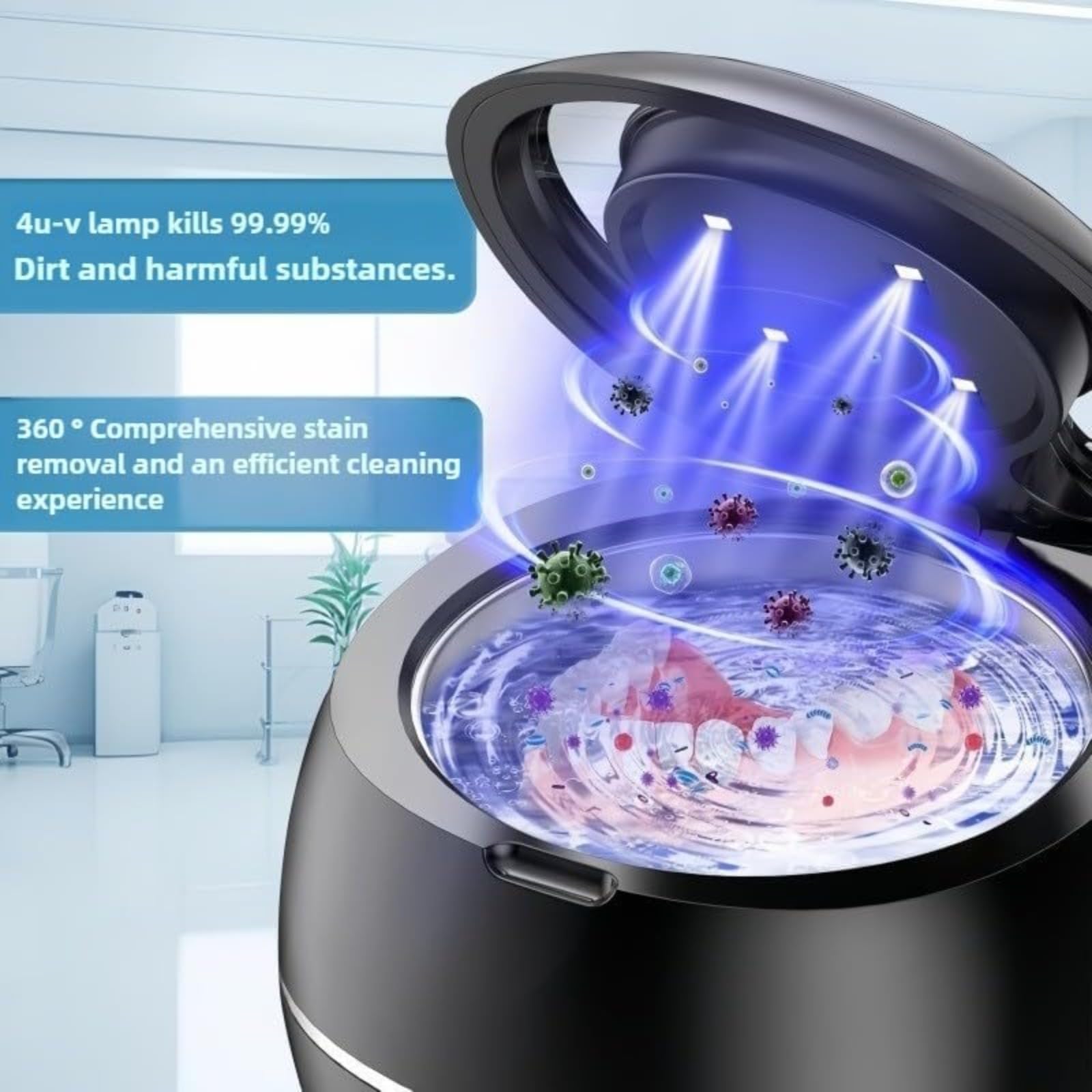 Nettoyeur de prothèses dentaires, ultrasons et ondes UV-C 43 kHz pour une désinfection à 99,99 % et un retrait complet des taches à 360 °
