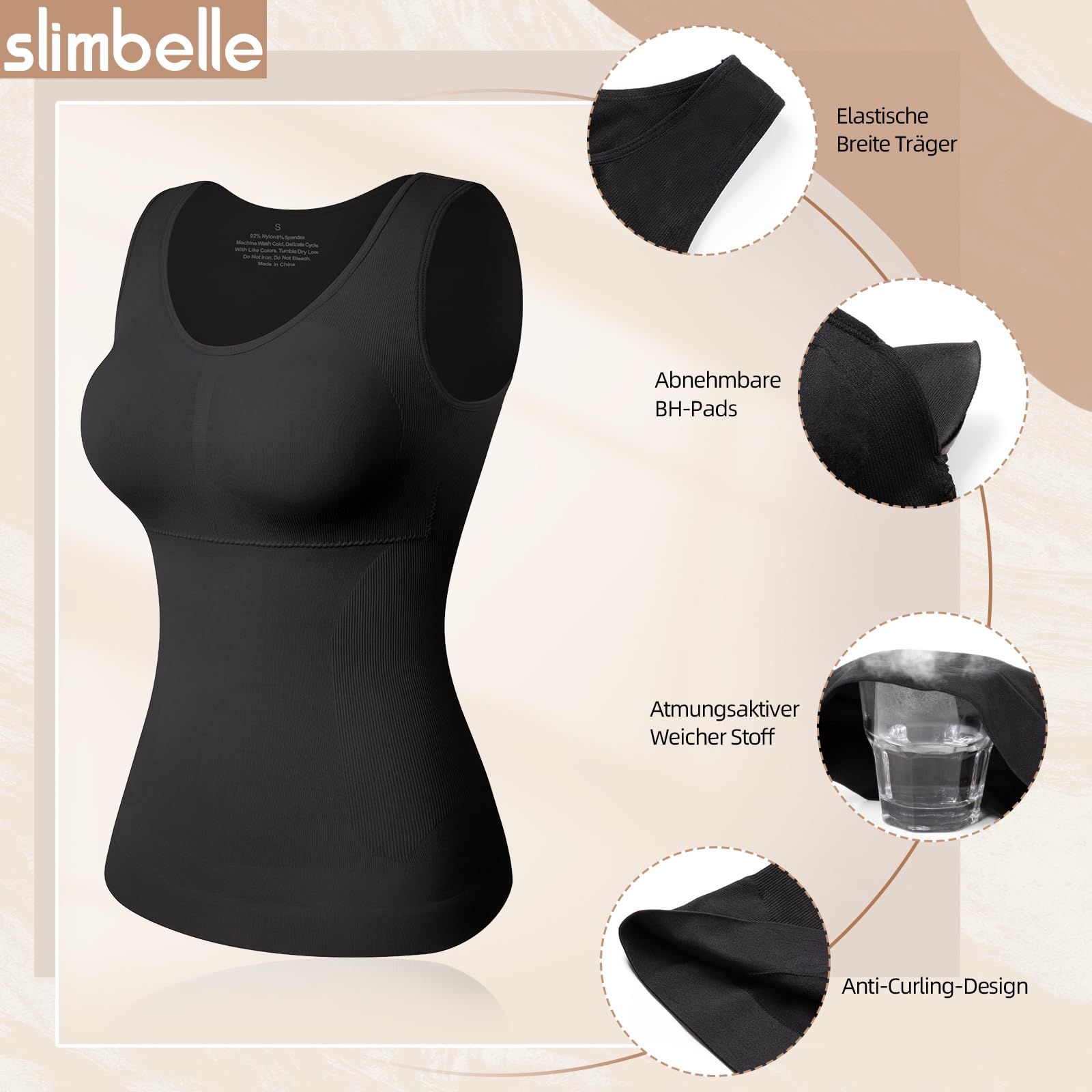 SLIMBELLE Damen Unterhemd BH Hemd Seamless Tank Top mit entfernbaren Cups Bauchweg Shapewear Top Ohne Bügel Bustier Hemdchen Figurformende Body Shaper Camisole Formendes Hemd Shaping Unterwäsche
