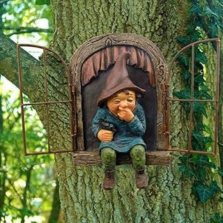POIU Garden Gnome Statue Ornament, Elf Fairy Out the Door Resin Figurines, 3D Window Dwarf Sculpture Garden Decoration Patio Yard Lawn Porch Ornaments (Blue), 8*15*14cm (WYK121-001L)