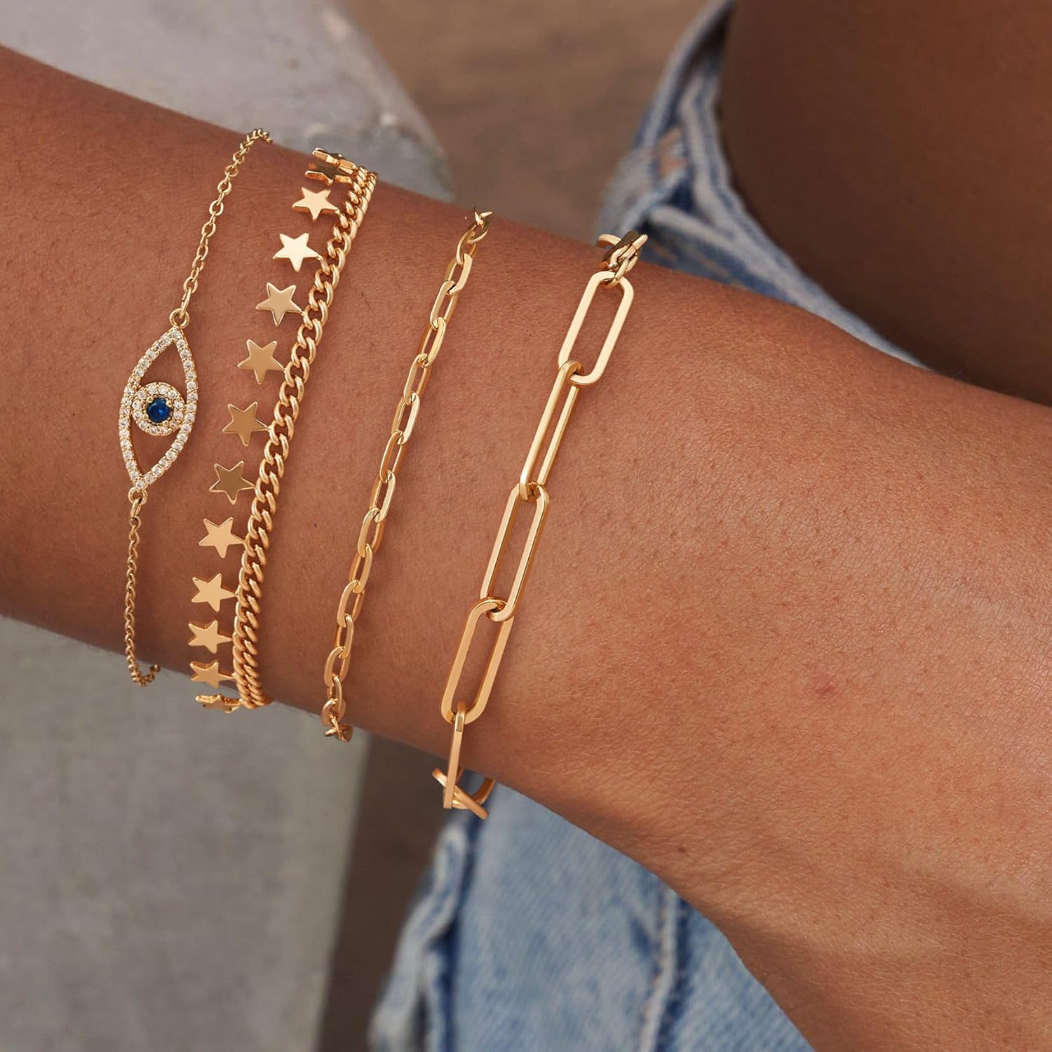 Dremmy Studios Gold Bracelet for Women 18K Gold Plated Dainty Paperclip Cubic Zirconia Disc Coin Star Cable Satellite Bead Pearl Simple Boho Minimalist Stacking Layered Link Jewelry Gift - Image 3