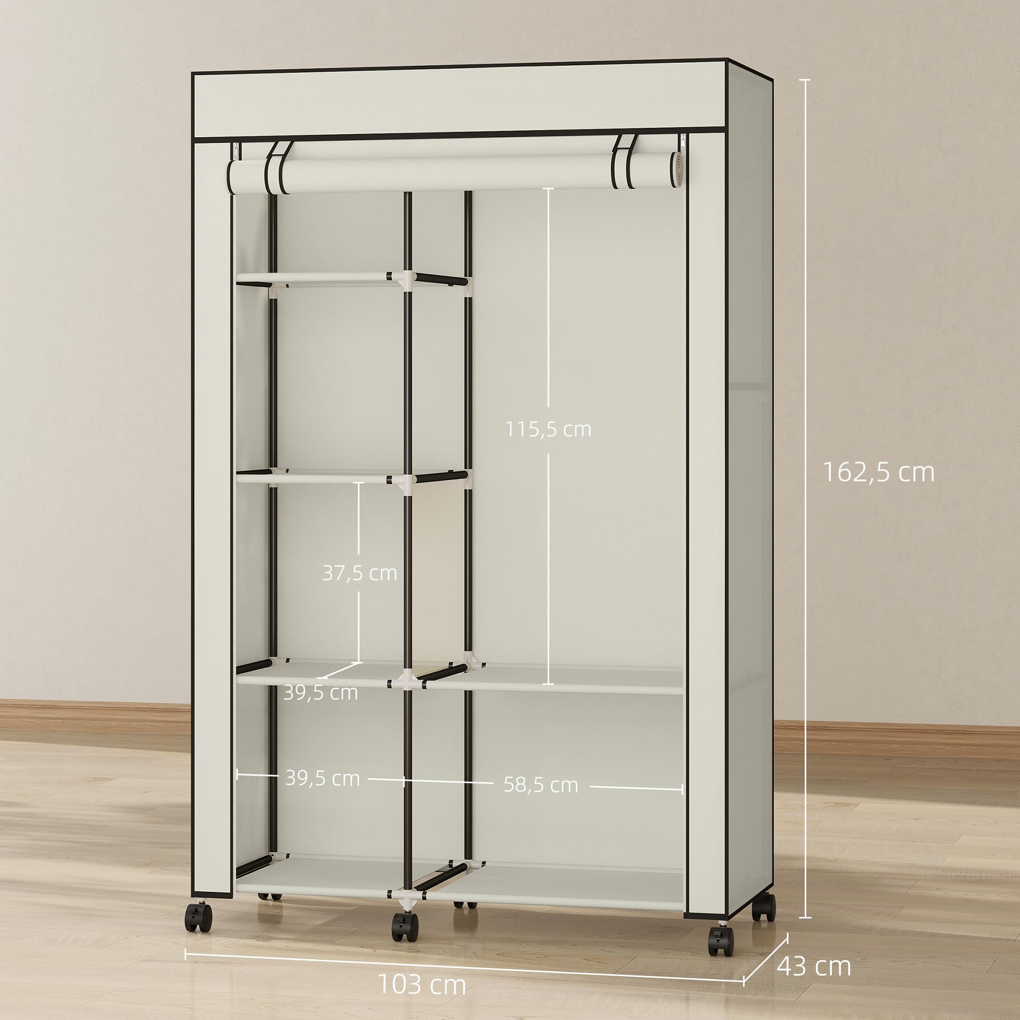 HOMCOM Armoire penderie en Tissu Meuble de Rangement Mobile 6 roulettes avec Tringle à vêtements et étagères Ouvertes penderie vêtement Dressing Roulant pour Chambre à Coucher 103x43x162,5cm crème