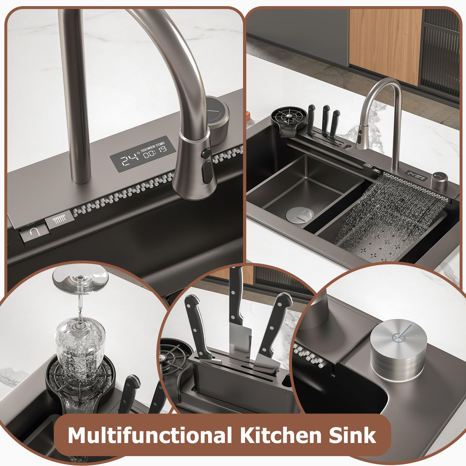 Fregadero de cocina con cascada, 75 x 45 cm, grifo de cascada led, tabla de cortar deslizante y lavaplatos de alta presión, compacto y multifuncional