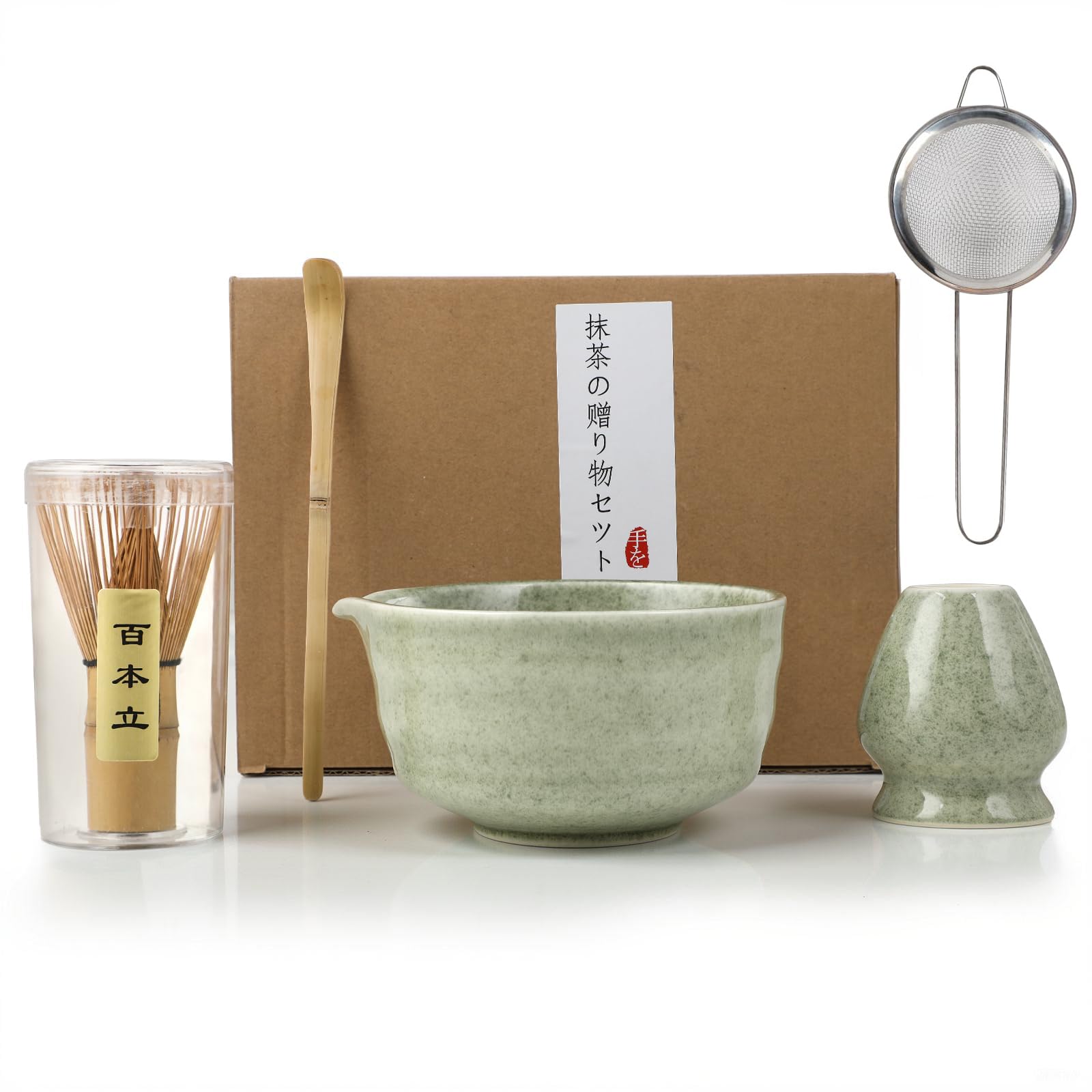 Matcha Set 6-teilig, Japanisches Matcha Tee Set mit Keramikschale mit Ausgießer, Bambusbesen, Besenhalter, Edelstahl-Sieb, Bambuslöffel, Traditionelles Matcha Starter Set für Teezeremonien
