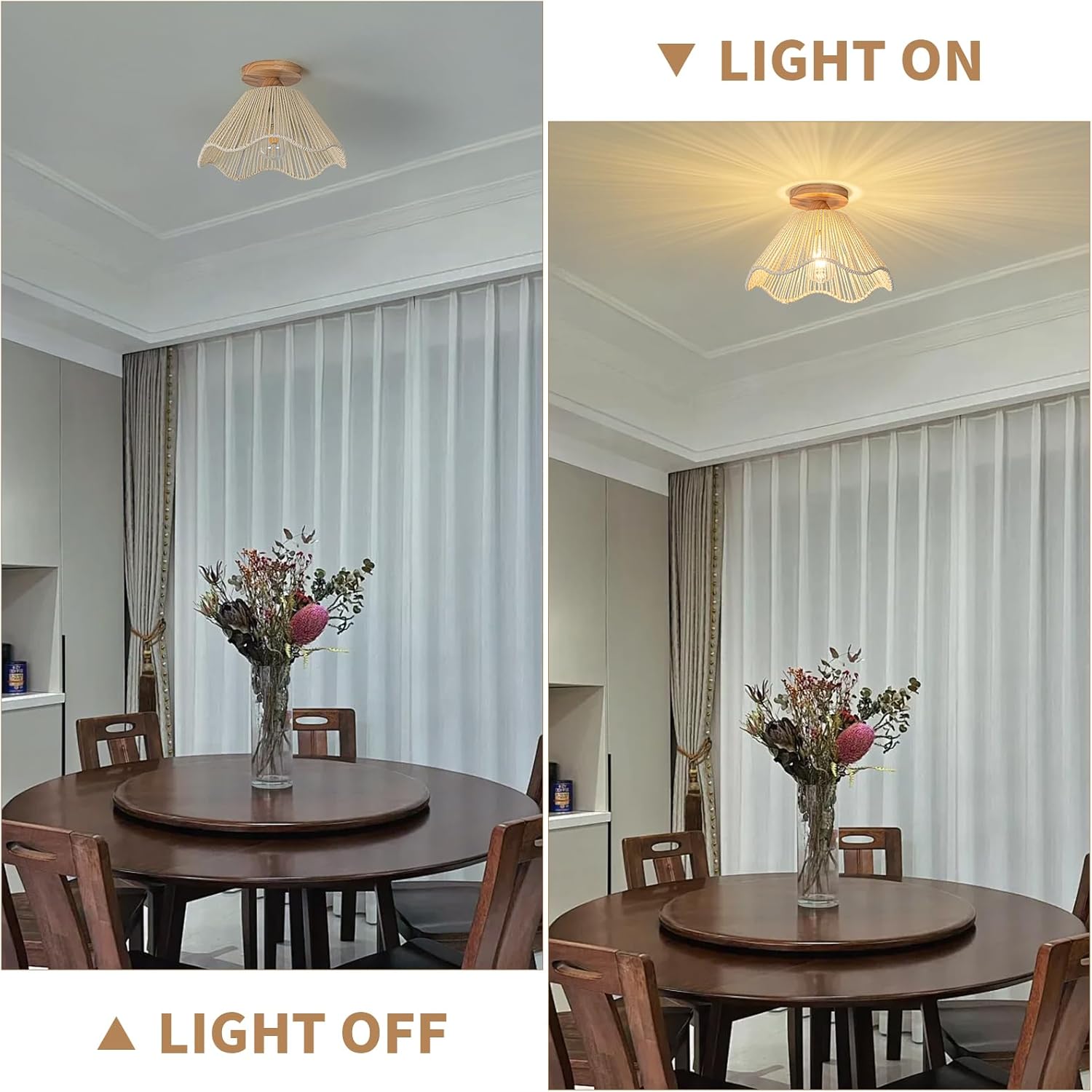 D12.5 Inch Boho Light Fixtures Flush Mount Mini Chandelier Woven Rattan Ceiling Light Fixture for Bedroom Hallway Bathroom Nursery Room