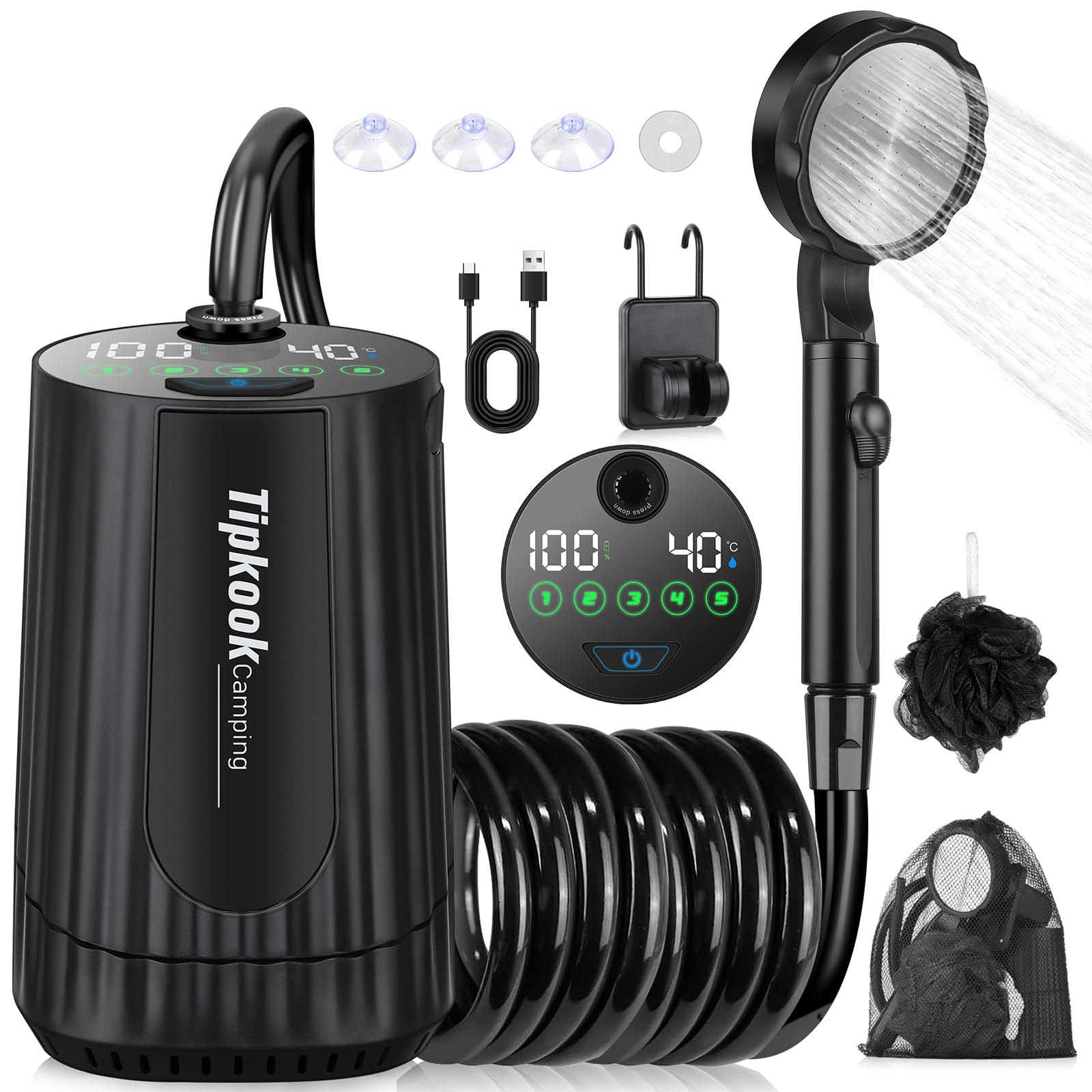 Tipkook Portable Shower for Camping, [10000mAh] 5 Adujustable Speeds, 4 Spray Modes, IPX8 Waterproof Rechargeable Camping Shower for Travel, Pet (Black)