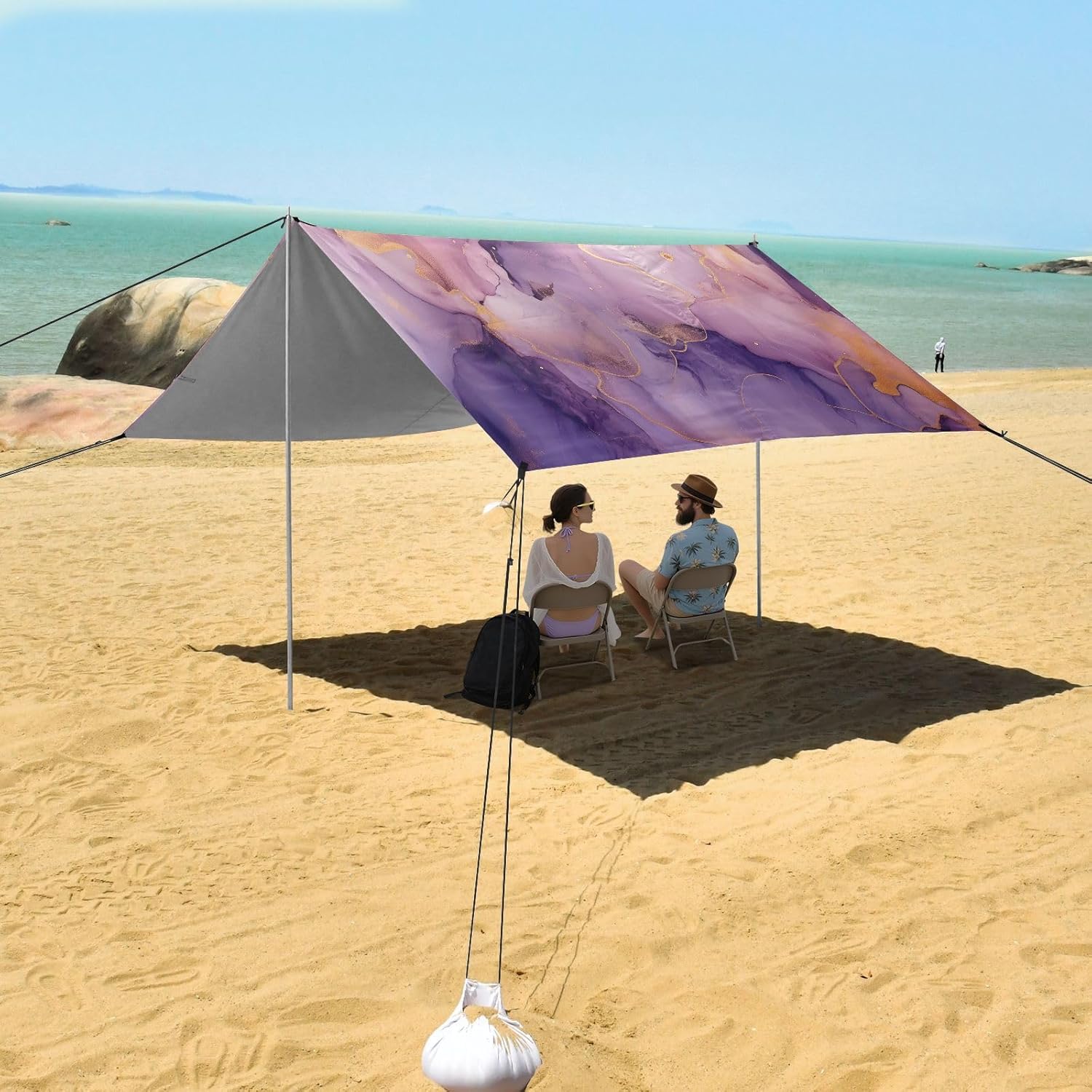ALAZA Purple & Gold Marble Beach Tent Sun Shelter UPF50+ Protection Beach Shade Canopy w/ 4 Sandbags for Outdoor Camping, Fishing, Backyard Fun, Picnic, 10x9 ft