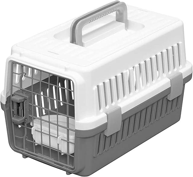 Iris Ohyama, Pet carrier / transport box, removable door with right and left latches, nestable, bowl included, for cat & dog max 5 kg - Air Travel Carry ATC-460 - Grey