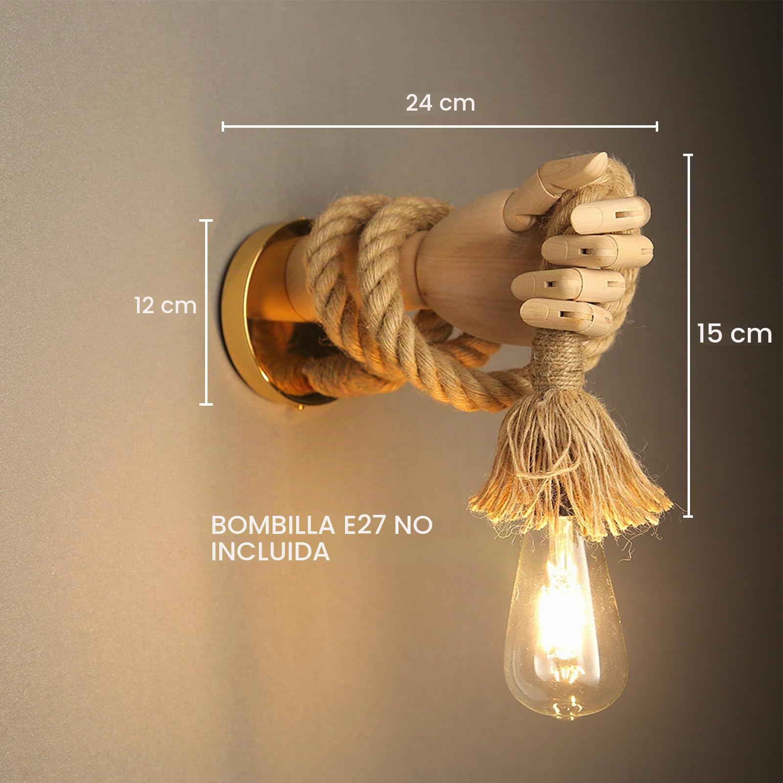 Aplique de Pared de Madera, Lámpara Iluminación en Forma de Mano, E27 Rústico Lampara de Pared Cuerda de Cáñamo para Dormitorio,Salón,Pasillo (Mano Izquierda)