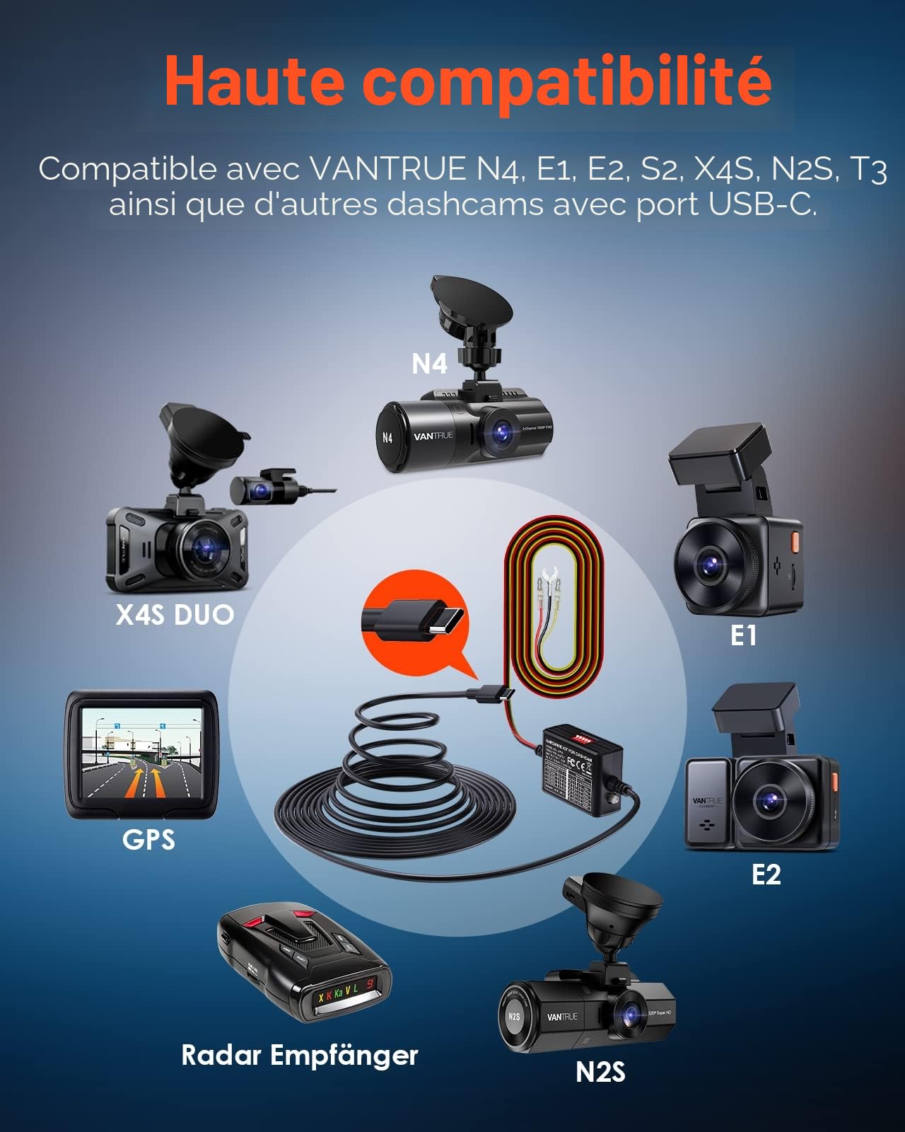 VANTRUE USB C Kit de câble à 5 Vitesses, Changement de Vitesse Type C Long 3,5 m, 12V-24V à 5V Dash Cam Hardwire Kit avec Porte-fusibles, Protection Basse Tension pour Dashcam E3/ N4/ N4 Pro/ N5/ N2S