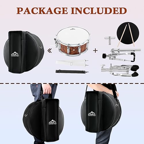 Miniatura 27 de EASTROCK Juego de batería de caja de 14 x 5.5 pulgadas para estudiantes principiantes con bolsa de concierto, baquetas, soporte, llaves de batería