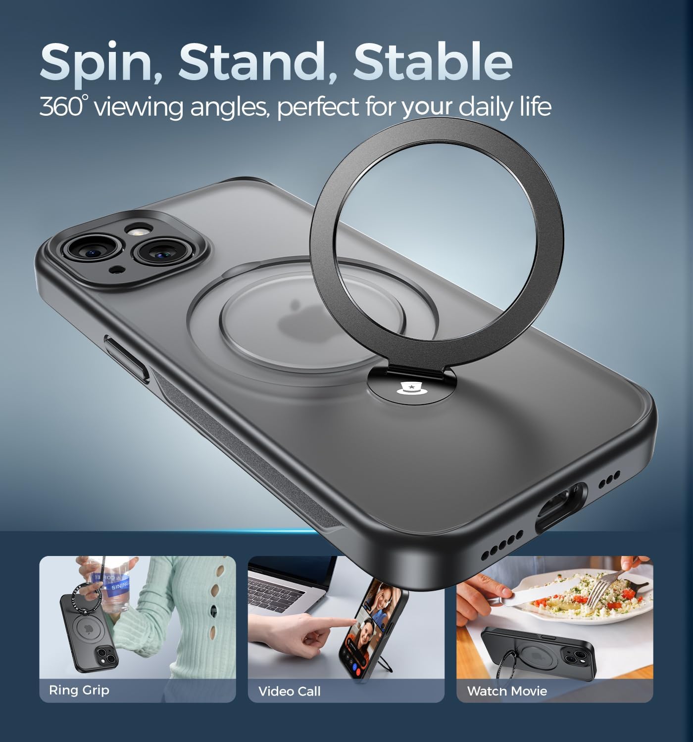 MAGIC JOHN Designed for iPhone 15 Case 6.1'', with 360° Rotatable Magnetic Metal Stand [Military Drop Protection] [Compatible with MagSafe] Shockproof Translucent, Black - Image 2