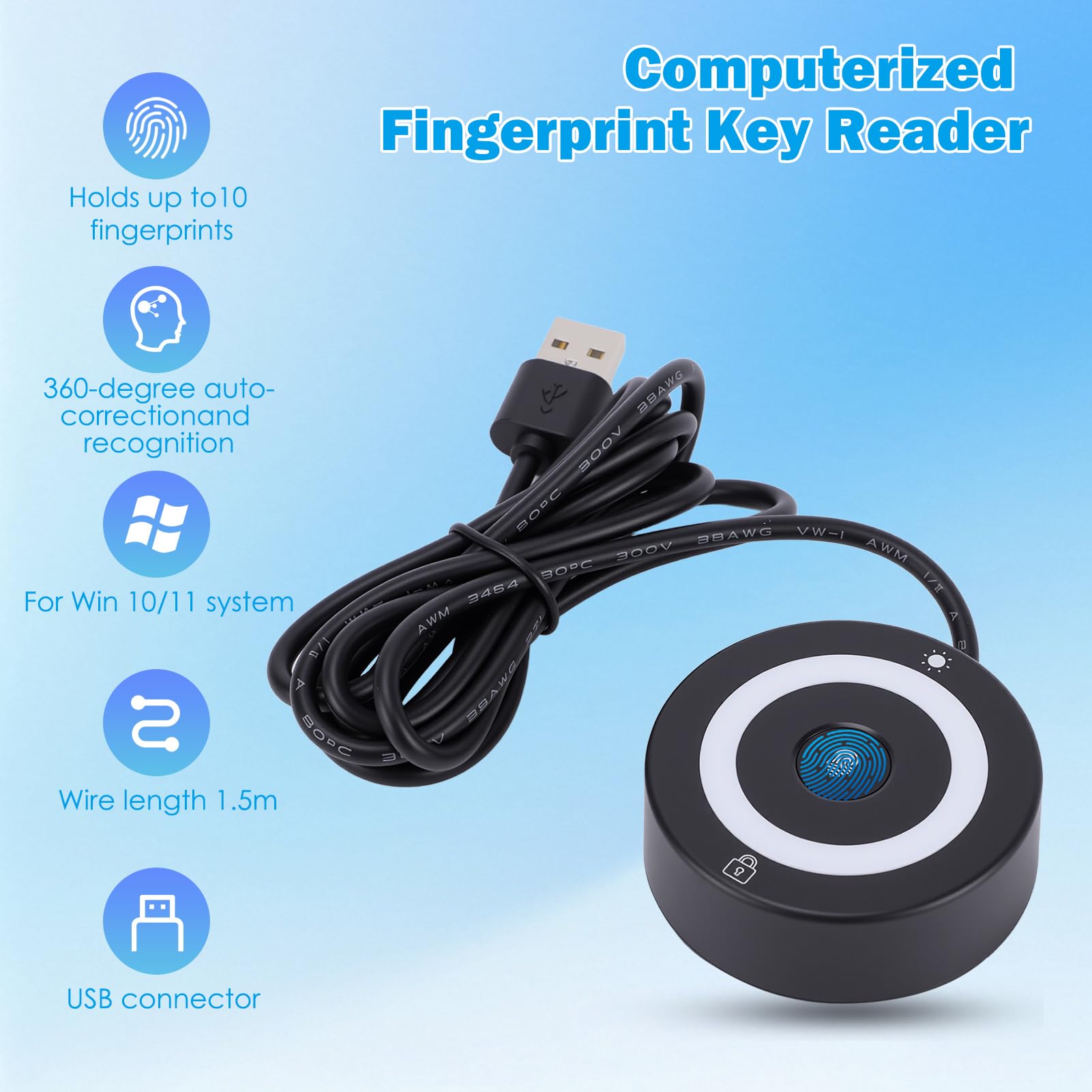 Computer USB Fingerabdruck Logger, mit farbwechselnden Lichtern, Kapazitive Fingerabdruck-Erkennungssoftware-Sperre mit farbwechselnden Lichtern beim Einschalten, kompatibel mit Windows 10/11
