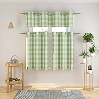 Vista 18 de Juego de 3 cortinas de cocina estilo campirano clásico con ventana de algodón y cenefa con ojales - Set de cenefa y volado a cuadros Buffalo en rosa