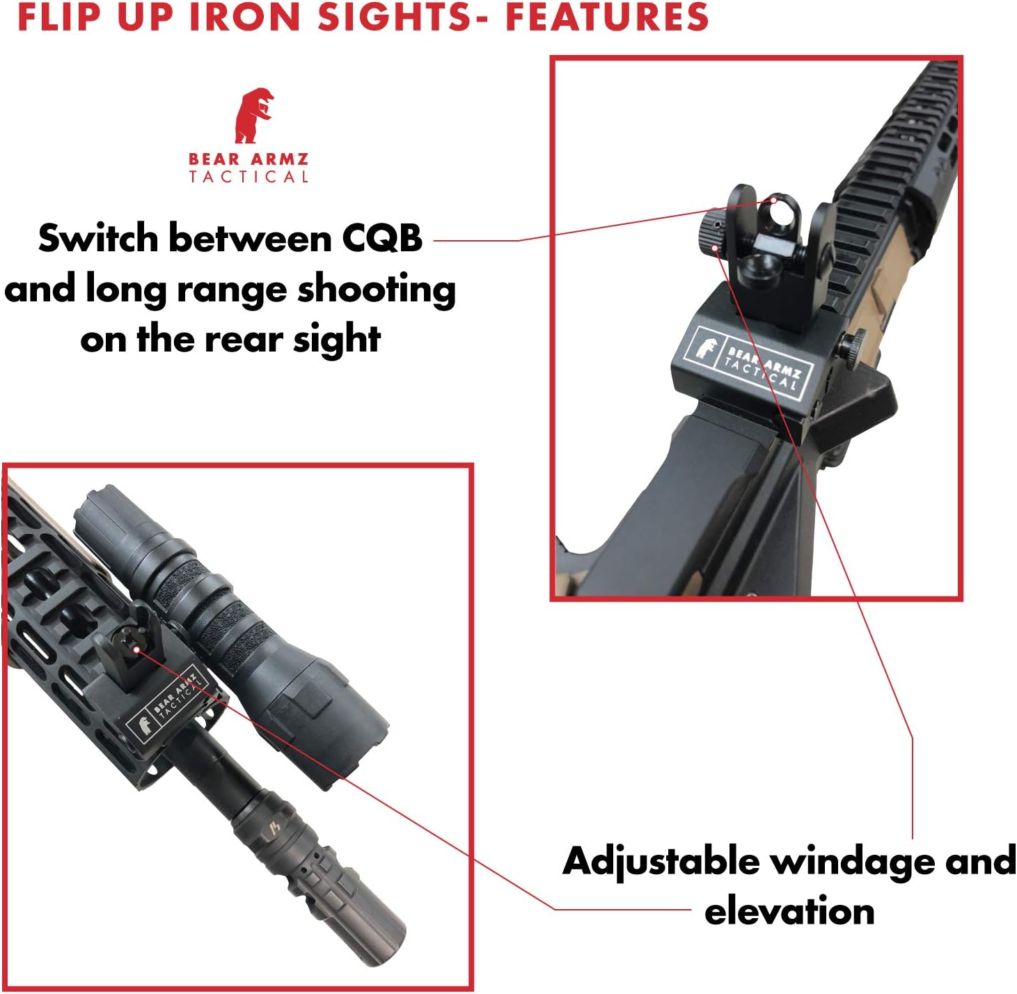 Flip Up Iron Sights | Co-Witness | Spring Loaded | Low Profile | Rapid Transition Front & Rear Iron Sights & Bear Armz Tactical Universal Handgun Cleaning Kit | American Company | Gun Cleaning Kit