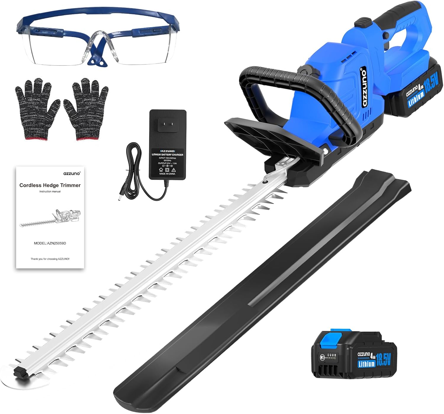 AZZUNO 20 Inch Cordless Hedge Trimmer, Max 21V 4AH Battery Powered Lightweight Bush Trimmer with 1 Battery and Charger Included.(20 inch-1 Battery)