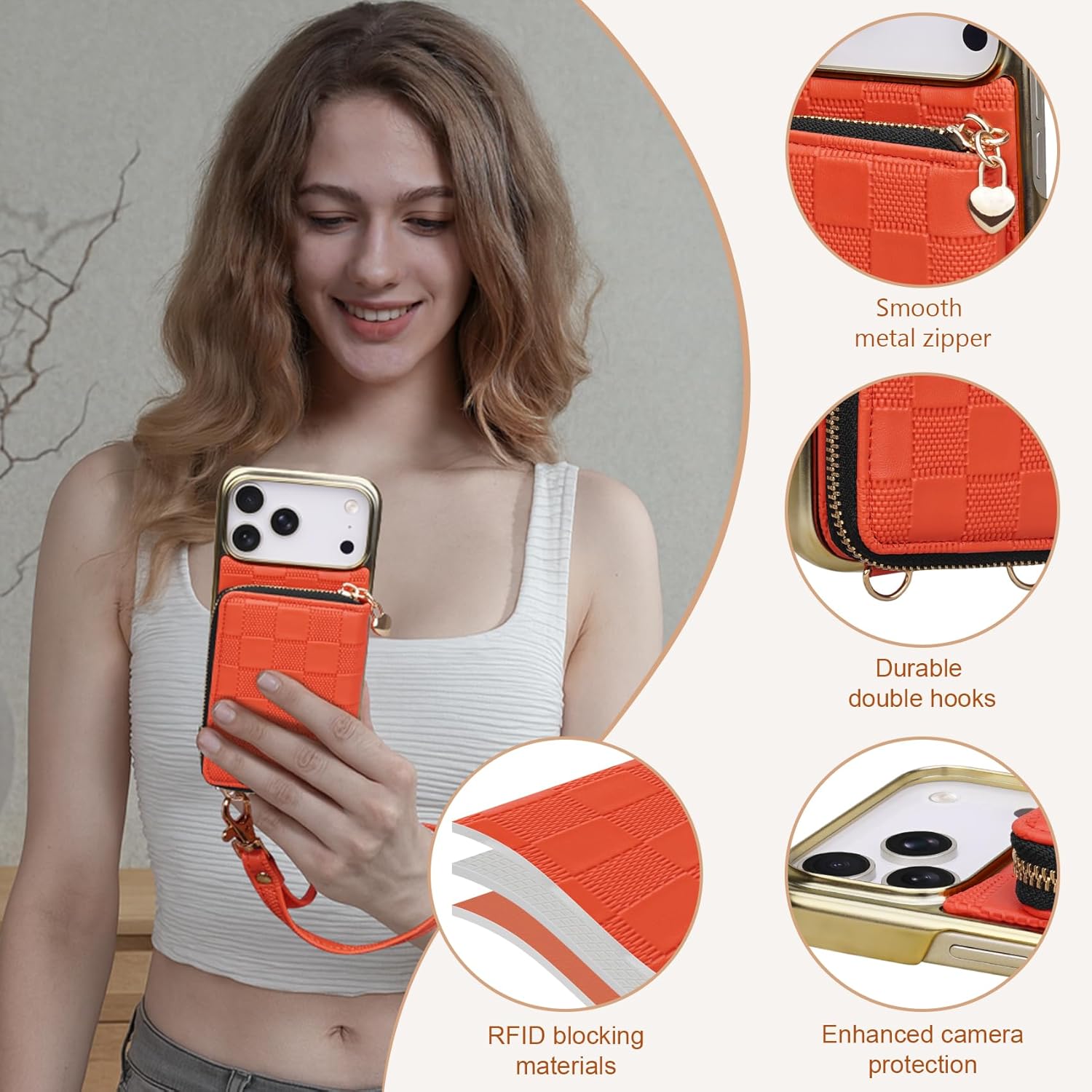 Keallce for iPhone 17 Pro Max 6.9'' Wallet Case - Crossbody Wrist Strap, 4 Card Slots RFID Blocking, Kickstand Electroplated Flip Leather Cover, Orange