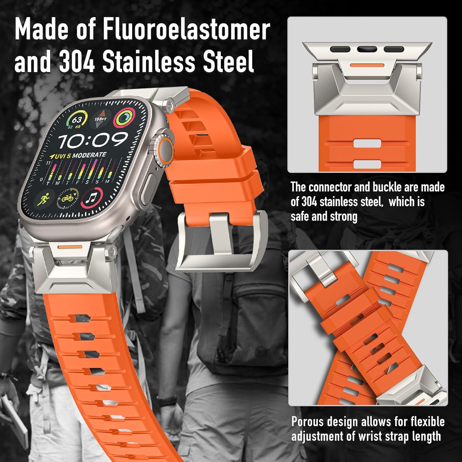 Band for Apple Watch Ultra 3/2 49mm Band SE 3 44mm (304 Stainless Steel & Fluoro Rubber) Bsnds for Apple Watch Series 11/10 46mm, Series 9/8/7 45mm, Series 6/5/4 44mm, Serie 3 42mm - Orange