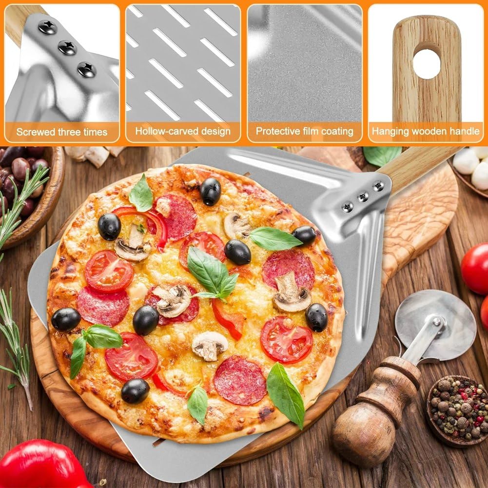 Bloepum 12Inch Pizza Shovel with Wood Handle Non-Stick Perforated Pizza Shovel Pizza Peel Shovel Baking Tool