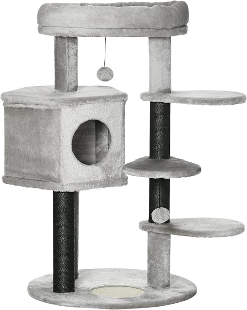 PawHut Cat Tree Cat Tower for Indoor Cats w/ Sisal Scratching Post, Ramp, Kitten Bed, House, Toy Ball - Light Grey