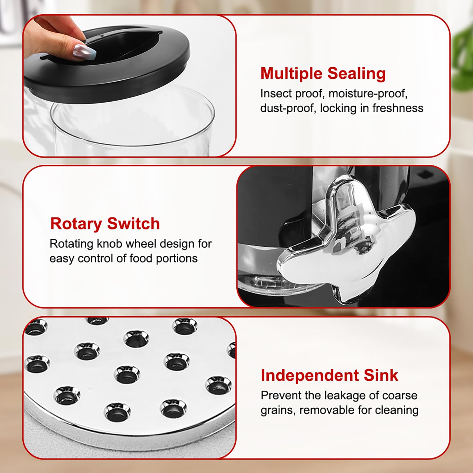 Dispenser Cereali 3.5 L, Contenitore da Cucina con Coperchio, Doppio Contenitore per Cereali, Chicchi di Caffè, Alimenti Secchi, Caramelle, Riso - Nero
