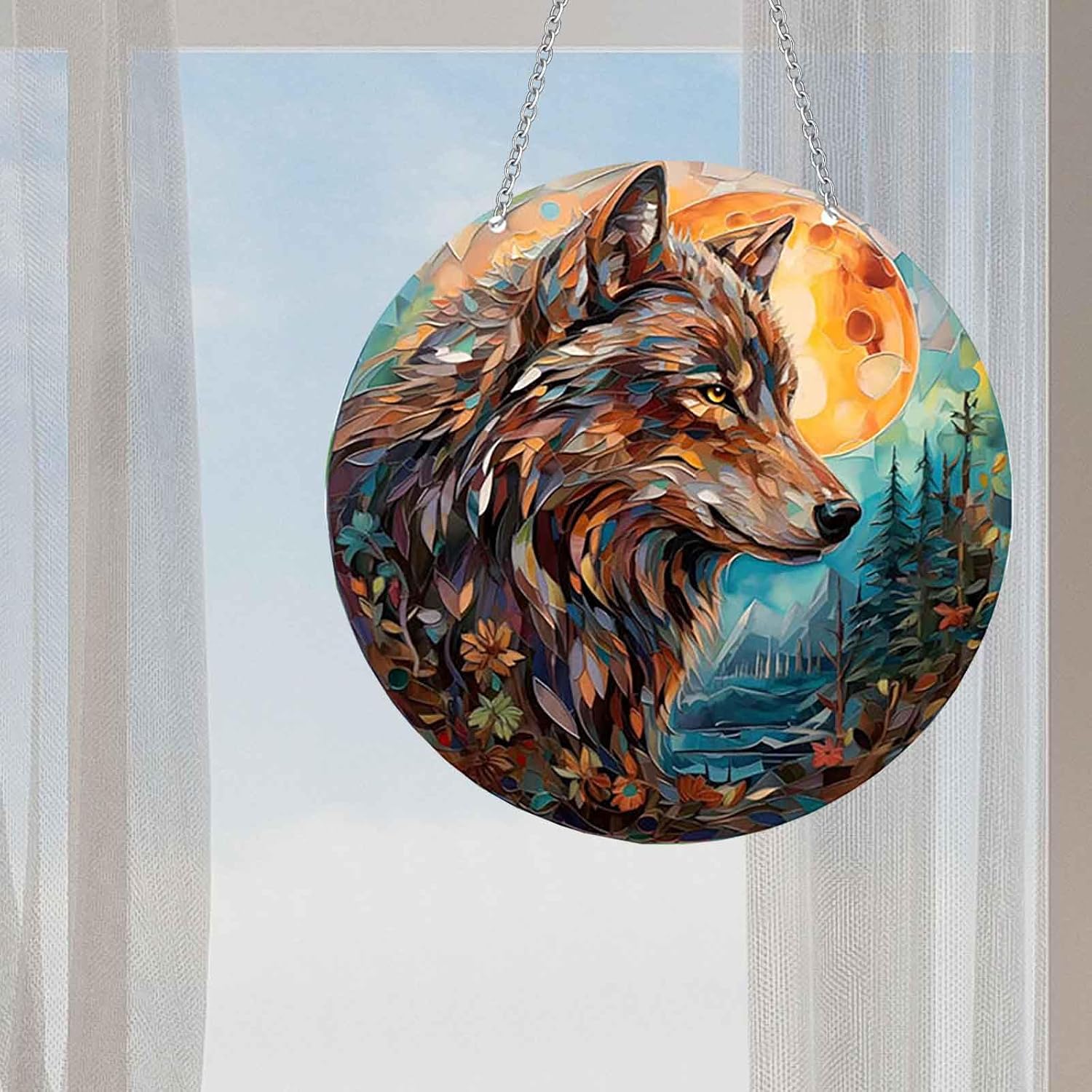 Stained Acrylic Window Hangings, Animal Decoration Suncatcher for Window Suncatchers Sofa Wall Hanging Ornament TV Wall Hangings with Chain and Hook Indoor Hanging Art (Wolf) - Image 6