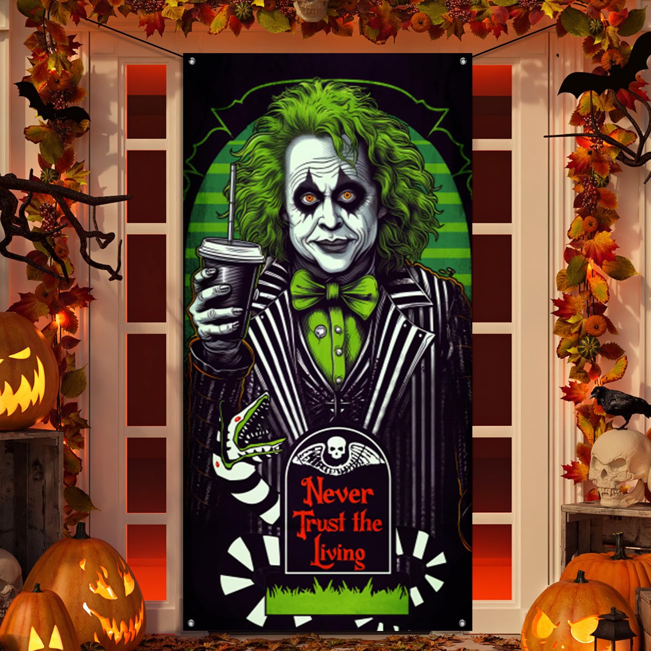 Horror Movie Decorations Halloween Door Cover Classic Scary Movie Character Halloween Party Decor Never Trust the Living Front Door Banner Horror Birthday Decorations
