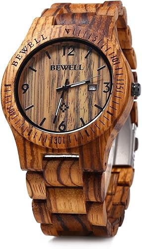 BEWELL ZS-W086B Reloj de madera para hombre, regalos hechos a mano, visualización de fecha, movimiento de cuarzo, analógico, ligero, relojes de