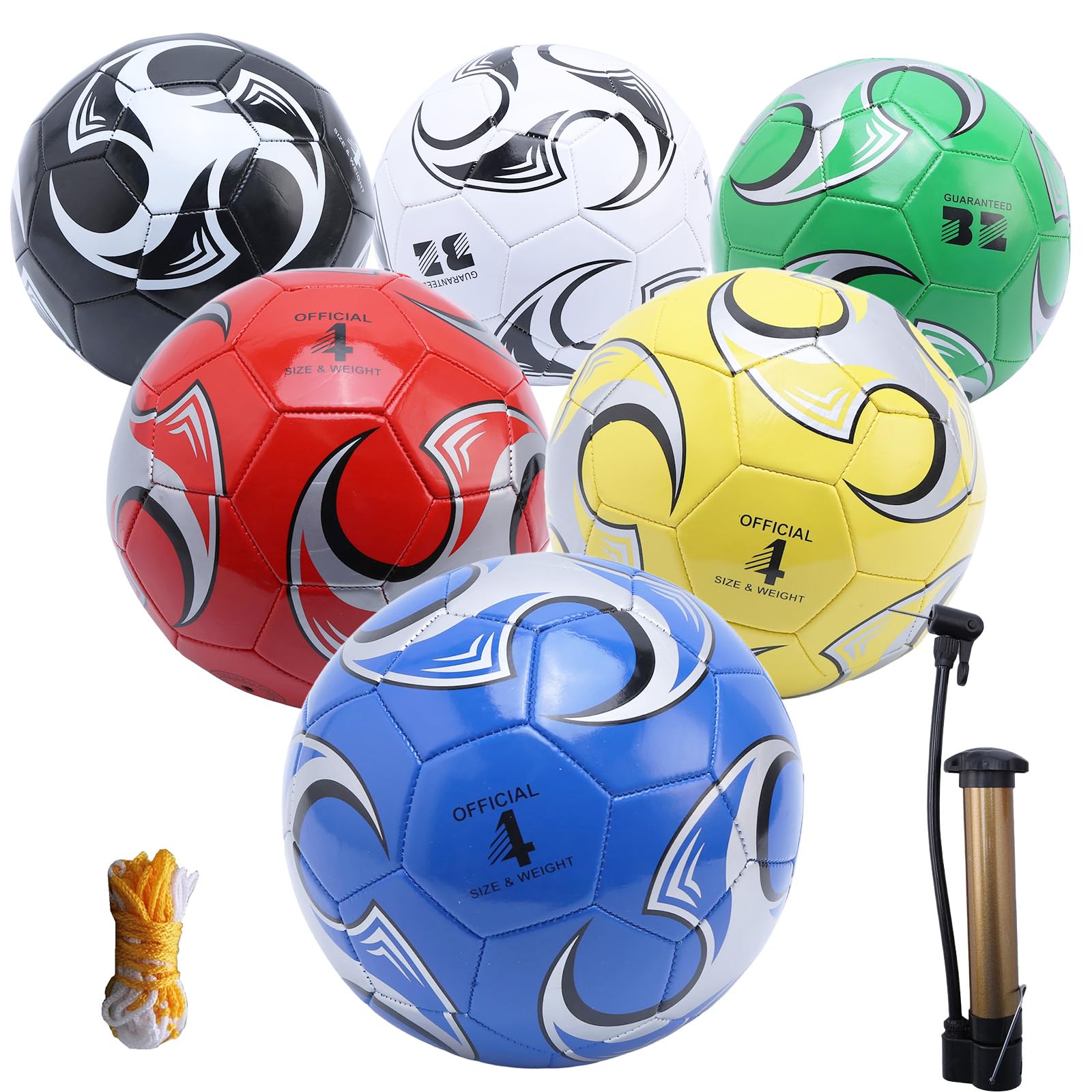 Buithafu Football Set of 6 with Pump, Size 4 Training Footballs - PU Soccer Balls in 6 Vibrant Colors for Adult Players, Indoor Outdoor Practice, Team Sports