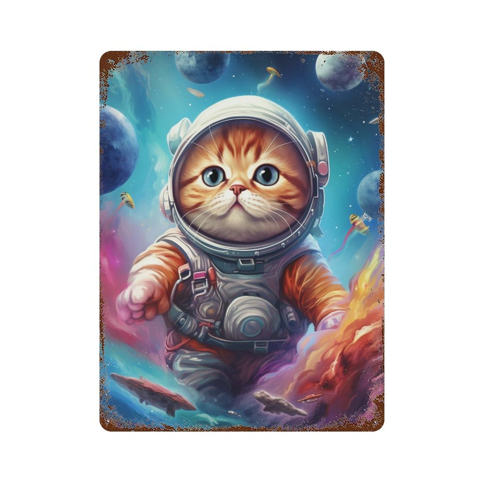 Space Cat Adventure-3 Distressed Metal Wall Sign 15.7"x11.8", Rustic Home Decor for Living Room, Hallway And Home Decor
