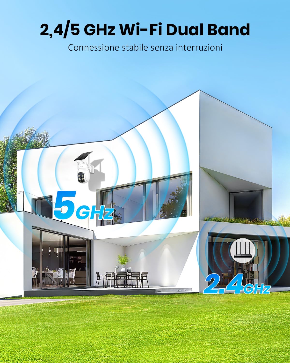 Telecamera Wi-Fi Esterno con Pannello Solare 2 in 1, 4MP/2.5K Senza Fili, 360°, Visione Notturna a Colori, Rilevamento PIR