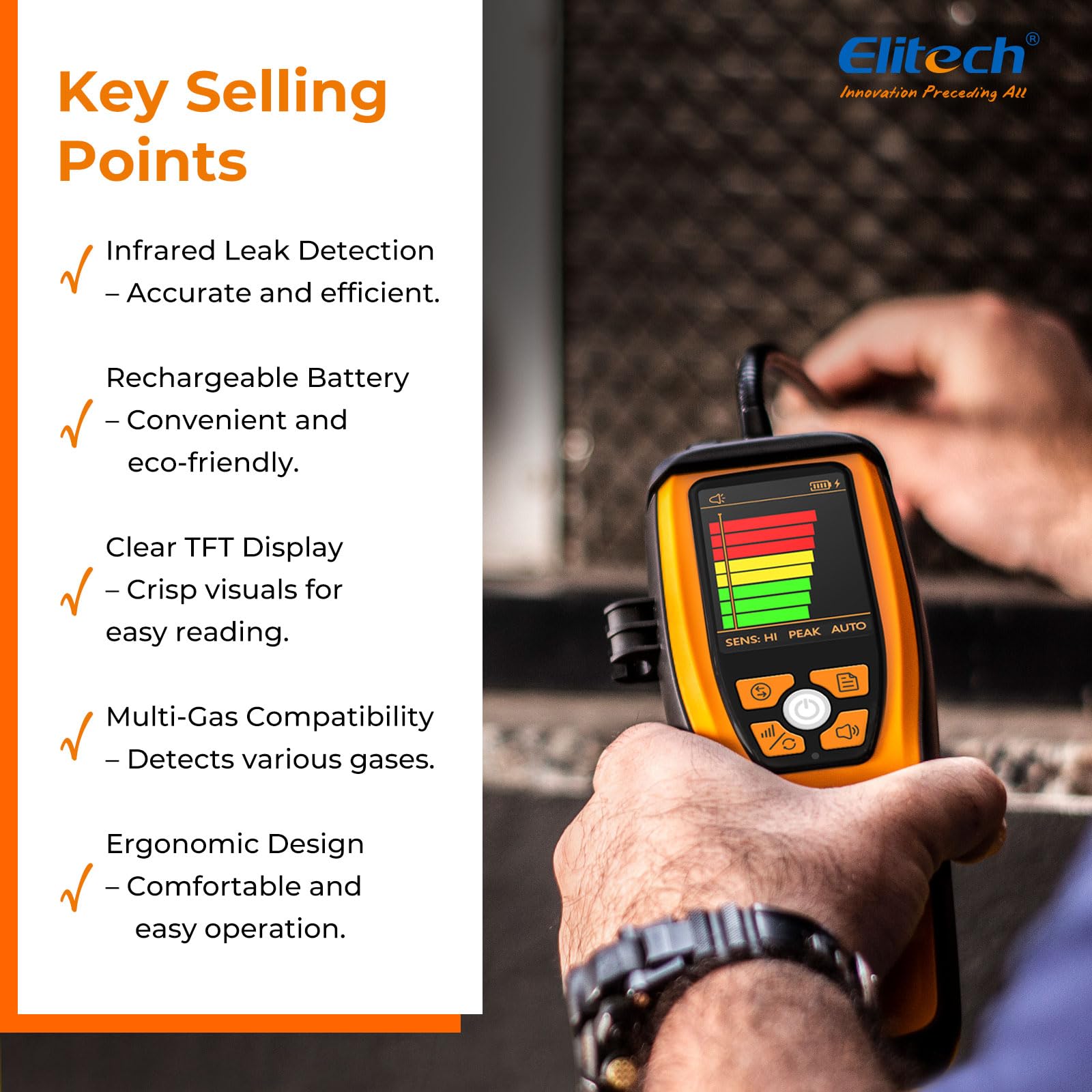 Elitech Rilevatore di perdite di frigorifero a infrarossi ILD-200 Max, alta precisione 1g/anno, sensore 10 anni di durata, rilevamento CFC/HFC/HCFC/HFO per professionisti HVAC/R