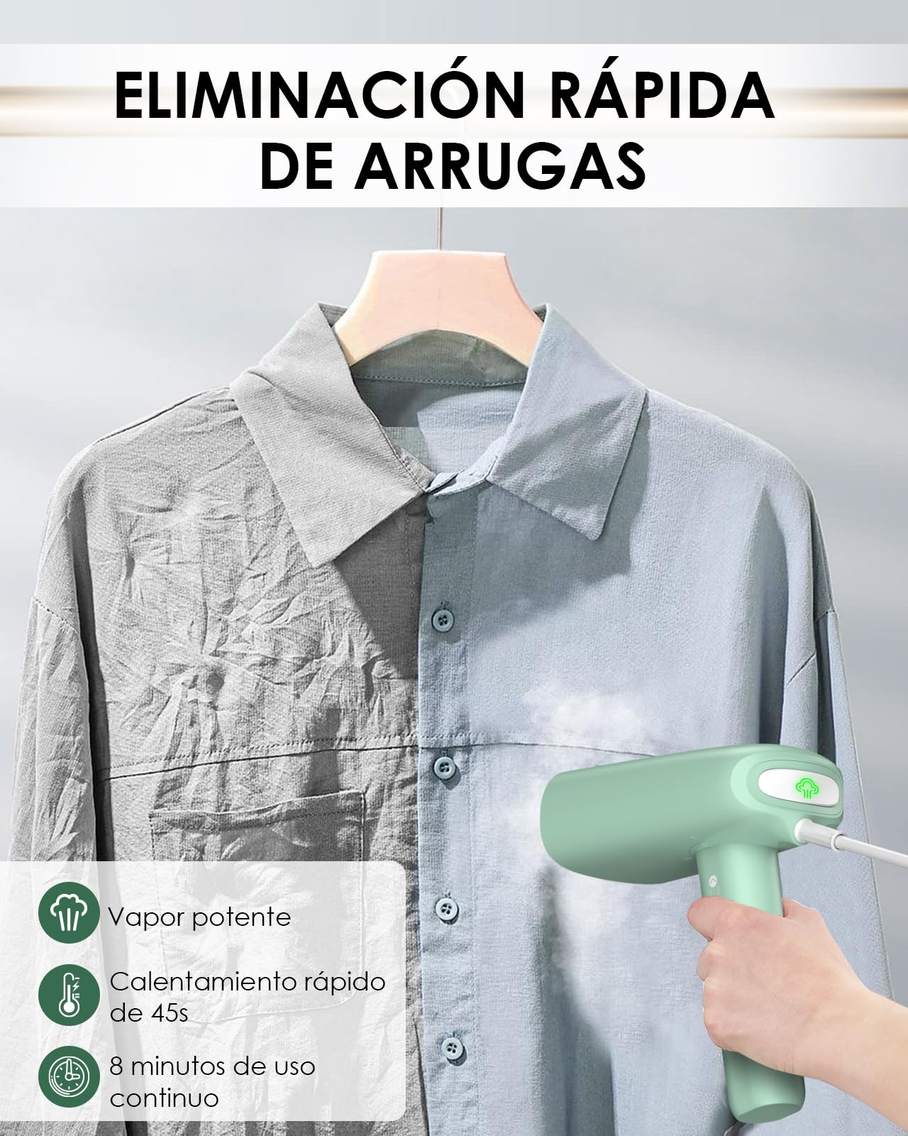 HOMEASY Plancha Vapor Vertical, Plancha de Ropa Vertical en Uso Húmedo y Seco, Plancha Portátil para Viaje, Plancha Vertical Vapor de Calentamiento Rápido, Depósito Desmontable(Verde)