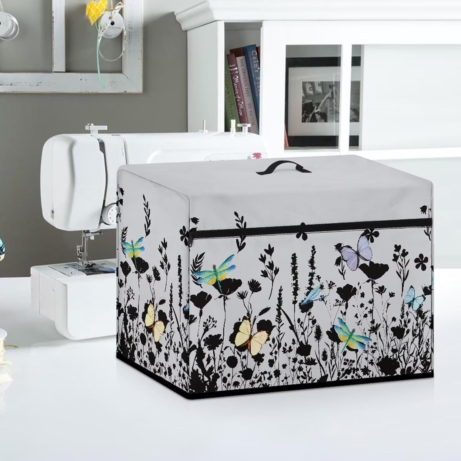 Floral Cover for Sewing Machine Pattern Large Sewing Machine Cover Butterfly Dragonfly Protective Dust Cover for Sewing Machine with Pockets for Most Standard Sewing Machines