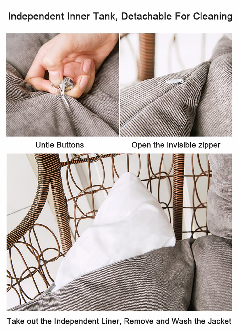 Dickes Rattan-Hängesessel, 50 x 125 cm, für drinnen und draußen, Schaukelkorb, Sitzkissen, Relaxstuhl, ohne Regale