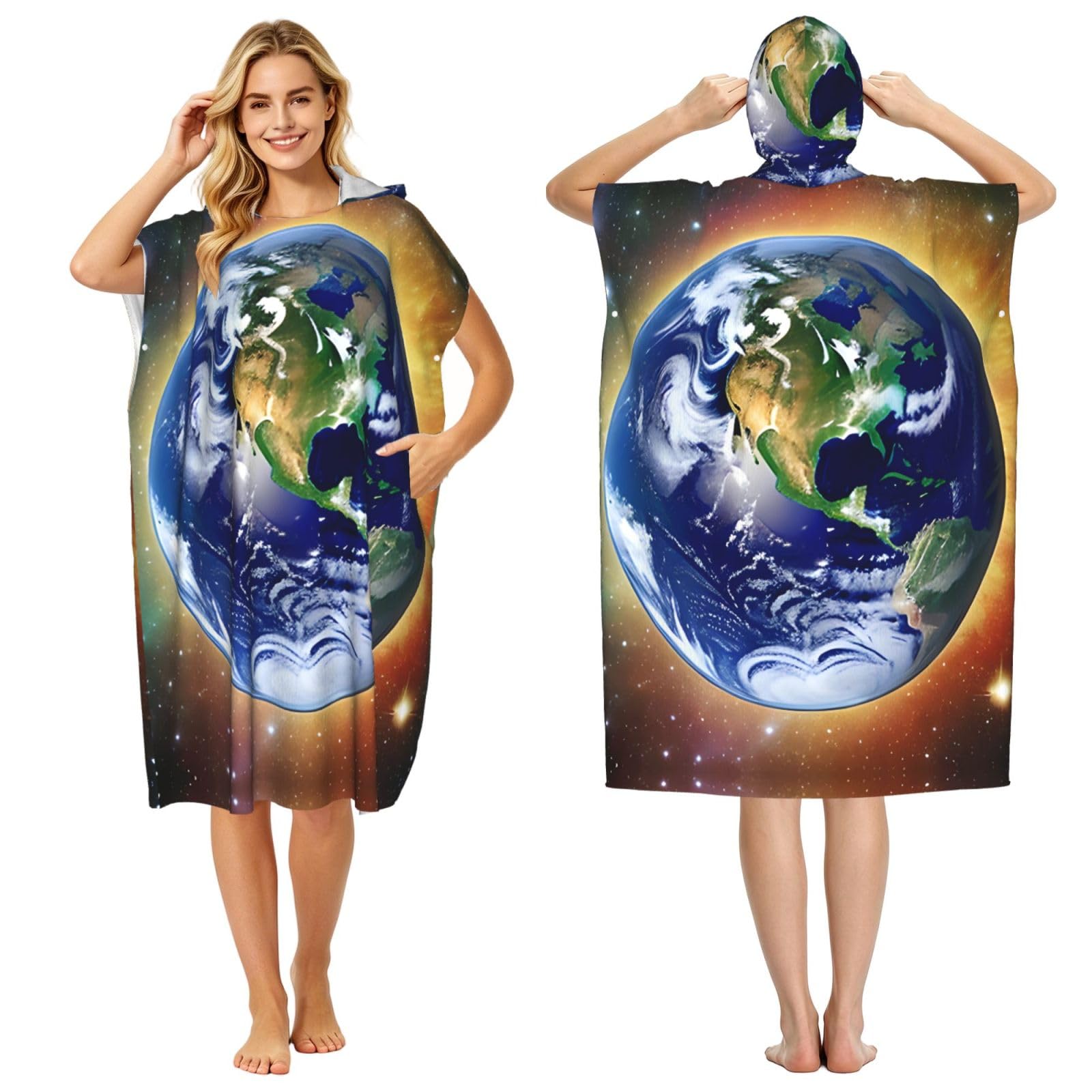 Zaixiansj 110cm Cosmic Earth Print Adult Changing Robe Hooded Towel Poncho Surf Swim Beach Cover Up with Pockets