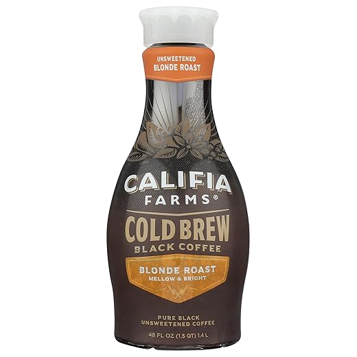 Califia Farms - Pure Black Blonde Roast Cold Brew Coffee, 48 Oz, 100% Arabica, Plant Based, Vegan, Gluten Free, Non GMO, Sugar Free, Iced Coffee