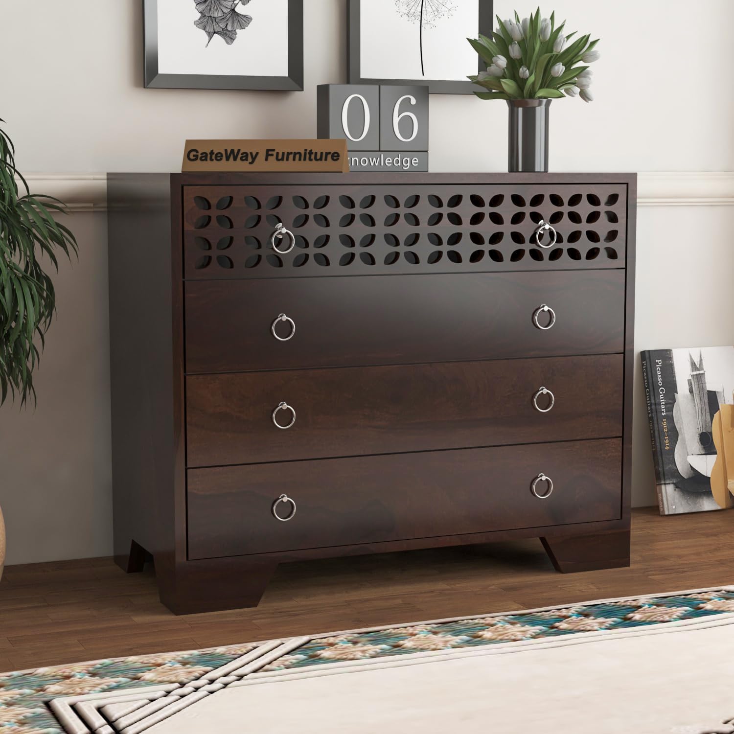 GateWay Furniture Solid Sheesham Wood Wooden Chest of Drawers with 4 Drawer Storage | Multipurpose Storage Cabinet Rack for Bedroom Home Living Room (Design 2, Walnut Finish)-image-32