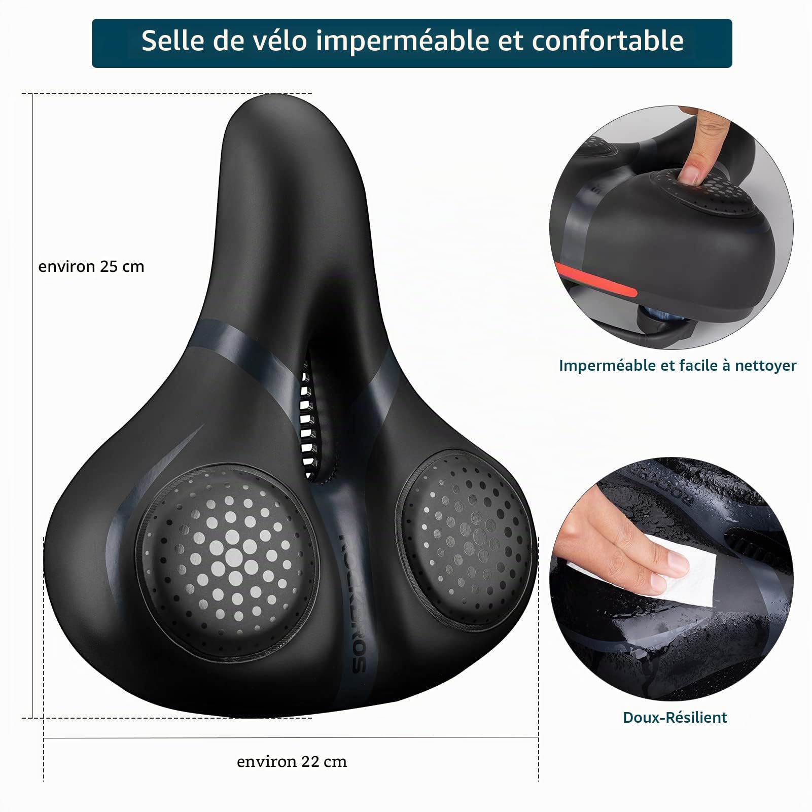 ROCKBROS Selle Vélo Confortable, Selle de VTT Confort Ergonomique, Siège de Vélo Gel Creux Respirant Amortisseur Imperméable Réfléchissant Stable pour VTT Vélo de Route Vélo de Ville Noir Marron