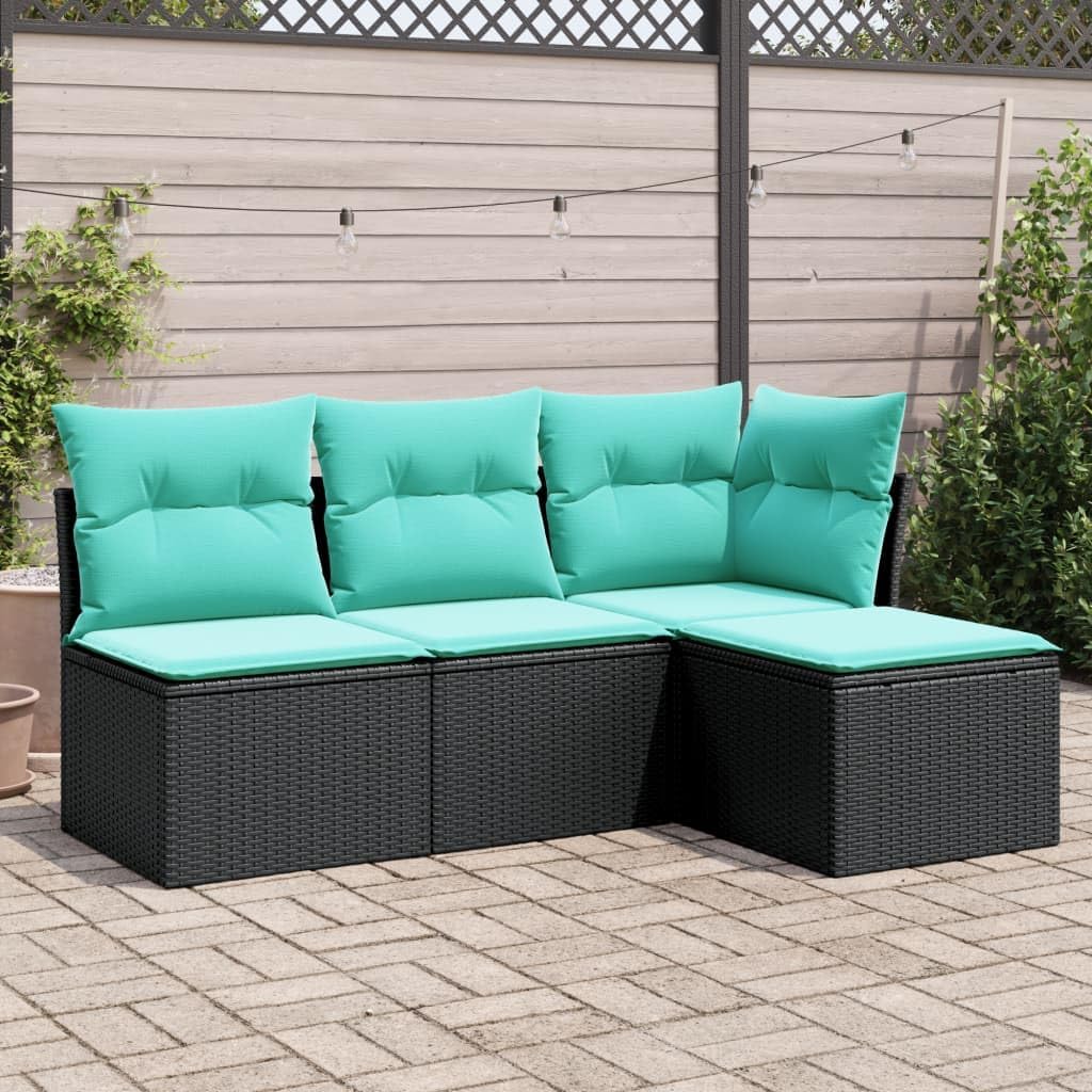 vidaXL Black Patio Sofa Set with Cushions - 4 Piece Poly Rattan Outdoor Furniture - Modular Lounge with Removable Covers for Garden, Deck, and Terrace