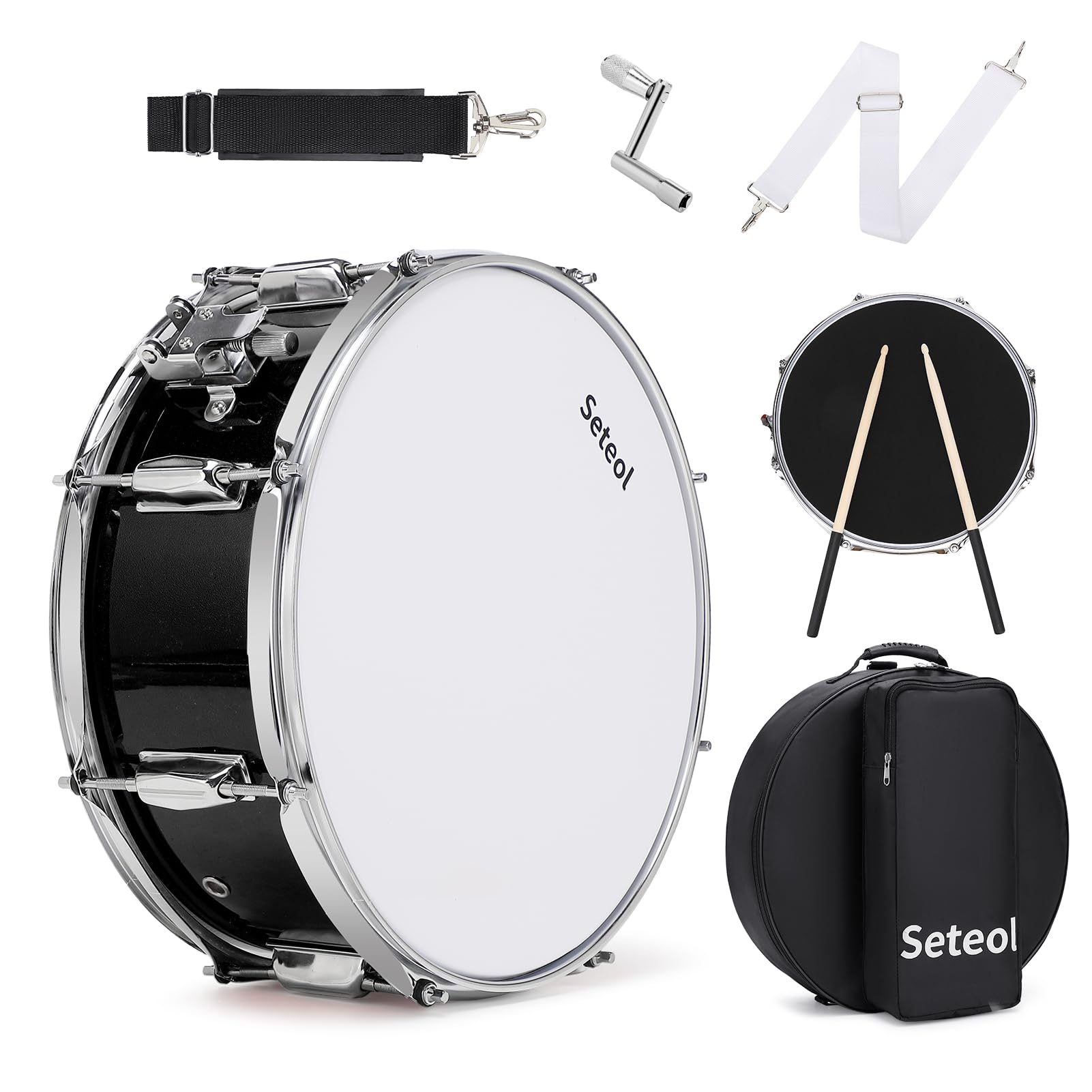 Kit per rullante, 35,6 x 14 cm, con custodia imbottita | Silent Mute Pad + coppia di bacchette 5A + chiave per batteria, set hardware portatile per adulti (nero)