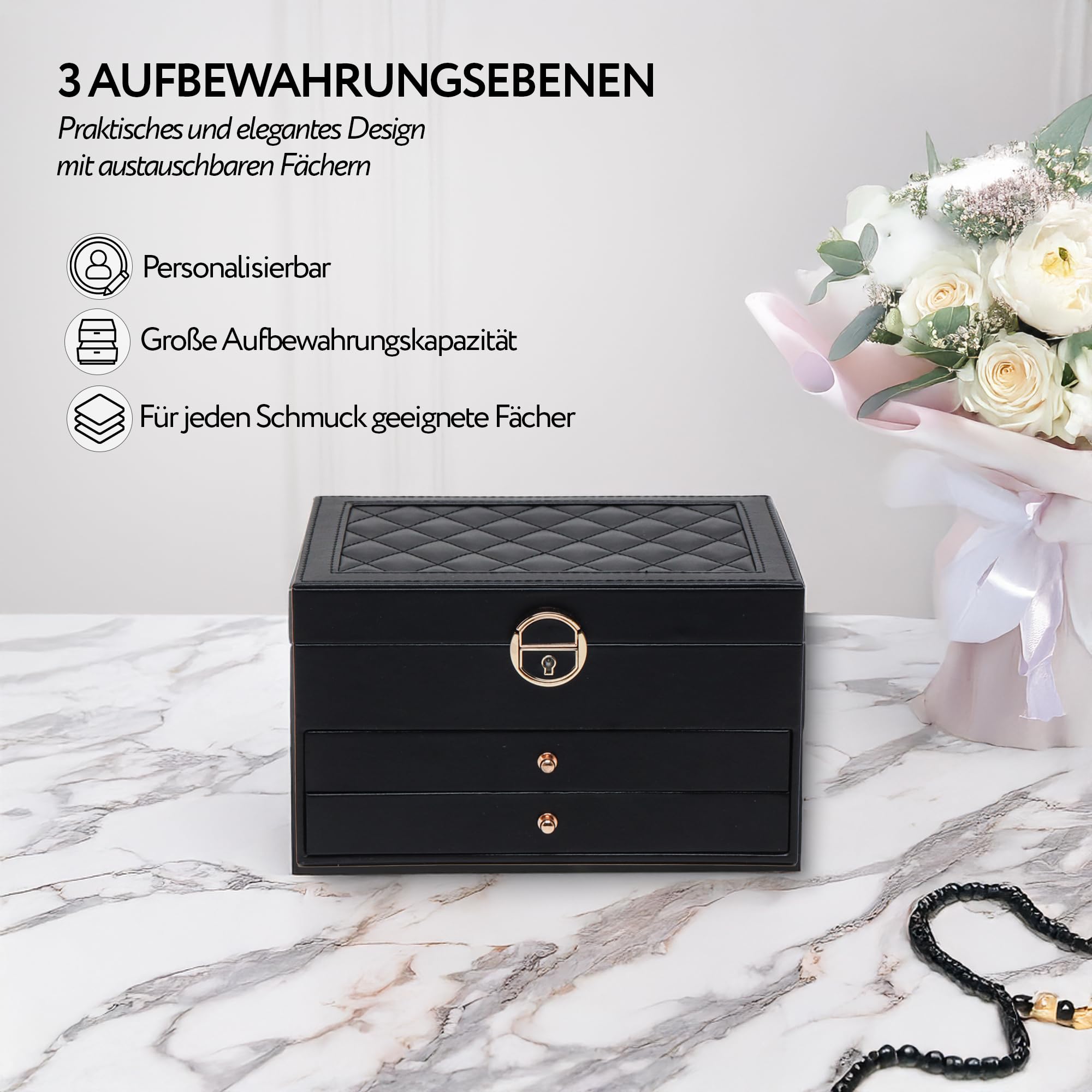 BS Schmuckkästchen für Damen und Mädchen | Personalisierte Schmuckschatulle mit Vornamen für Geschenk - Party | abschließbare Schmuckaufbewahrung mit Schlüssel, veganes Leder, Schmuckorganizer