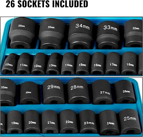 Miniatura 6 de VEVOR Juego de dados de impacto de 12 pulgada, 26 piezas, zócalos poco profundos, enchufes de 6 puntos, construcción resistente, CR-M0, juego de