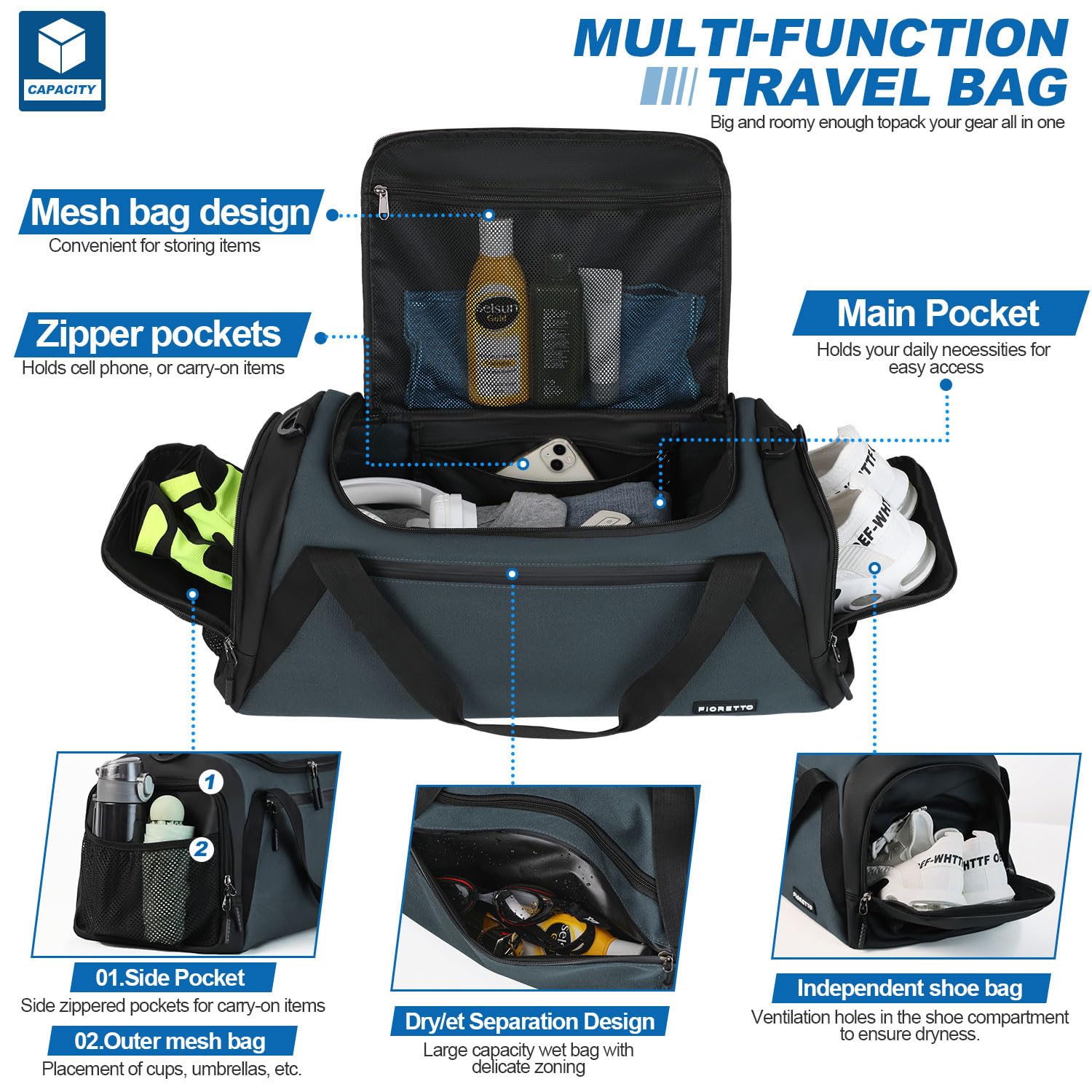 FIORETTO 45L Mens Sports Gym Bag with Wet Pocket & Shoe Compartment - Image 3