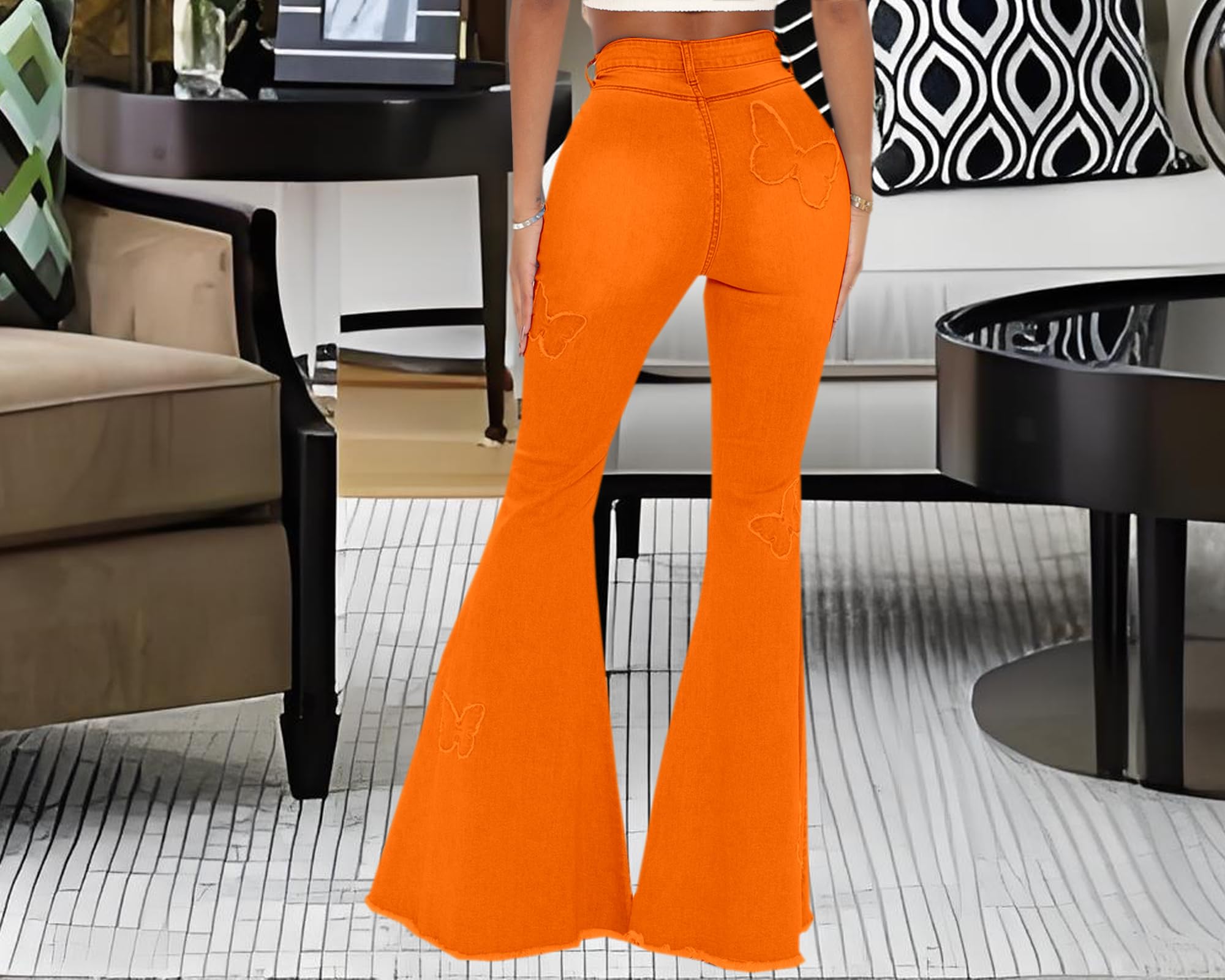 Women's Butterfly Bell Bottom Jeans Elastic High Waisted Embroidered Classic Flareed Jeans Raw Hem Denim Pants with Pocket: 3X-Large Orange