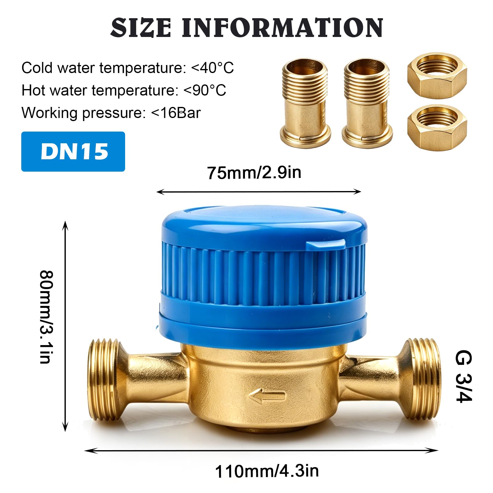 Compteur d'eau: 1/2 Pouce Horloge à Eau Froide, Compteur De Robinet avec Couvercle De Protection Et Connecteur en Laiton pour La Maison Le Jardin Et Un Usage Domestique (Bleu)