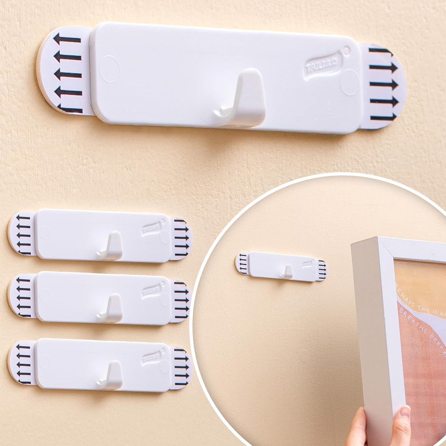 TAILI Picture Hangers 8 Pcs, Damage Free Picture Hangers for Walls，Adhesive Picture Hanging Hooks Without Nails，Art Hanger for Bathroom Kitchen Home Door Closet, Inclue 2 Extra Strips