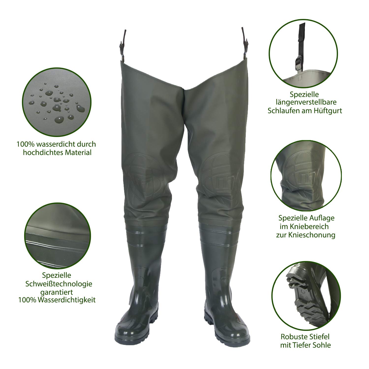 Watstiefel Herren Anglerhose mit Stiefel wasserdichte Wathose Größe Gr. 38-47 Lange Watthosen Gummistiefel Fishing Boots Angel